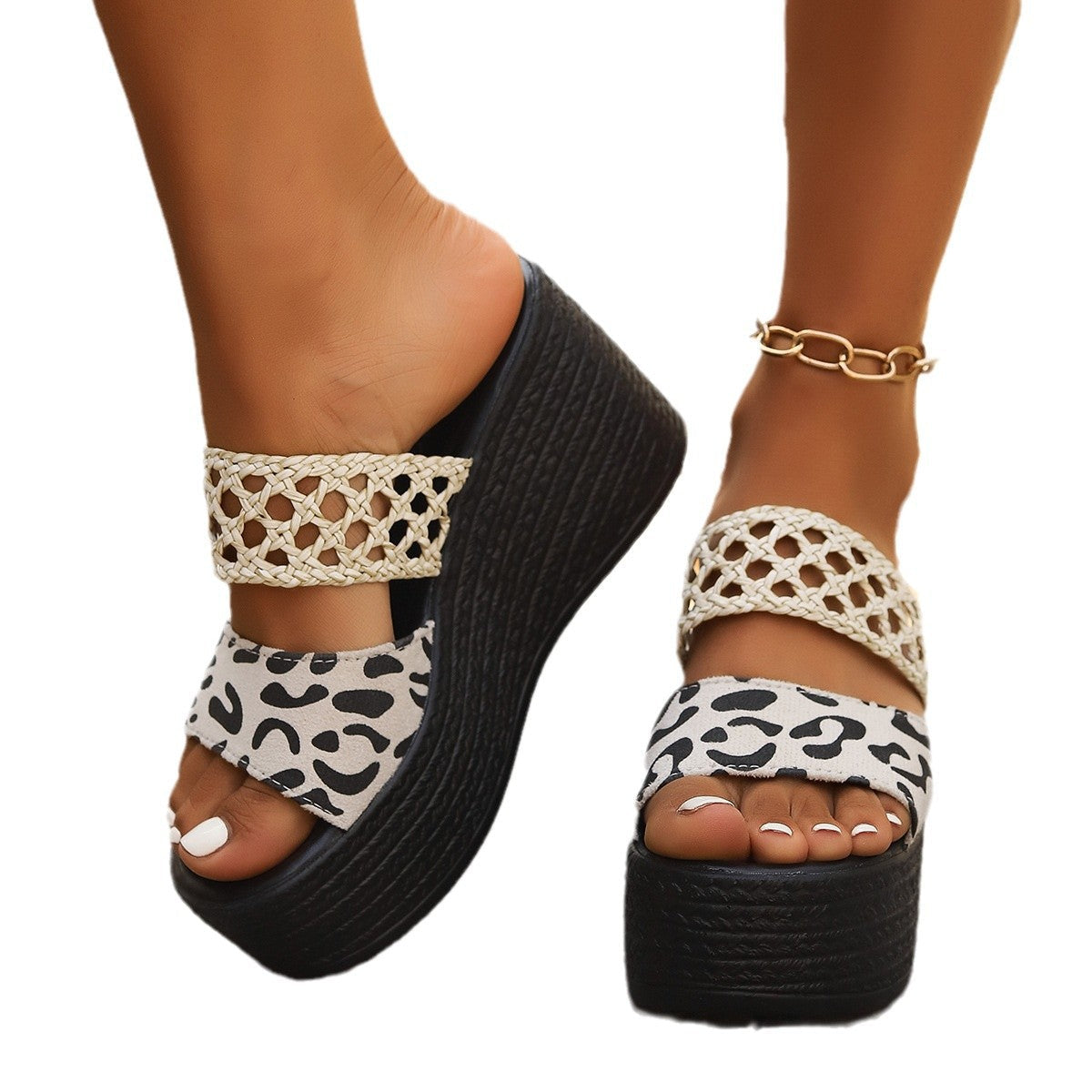 Women's leopard platform wedge slides