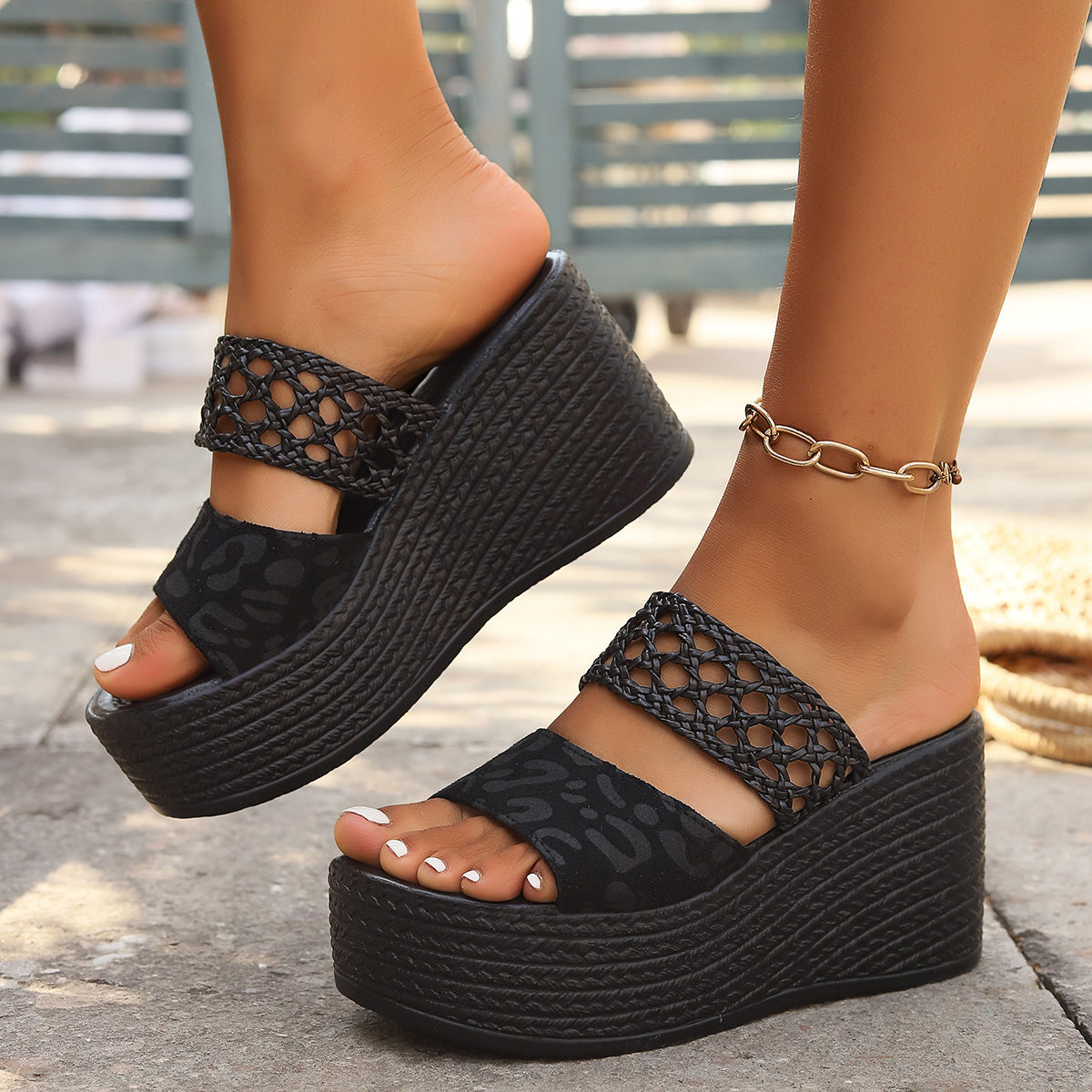 Women's leopard platform wedge slides