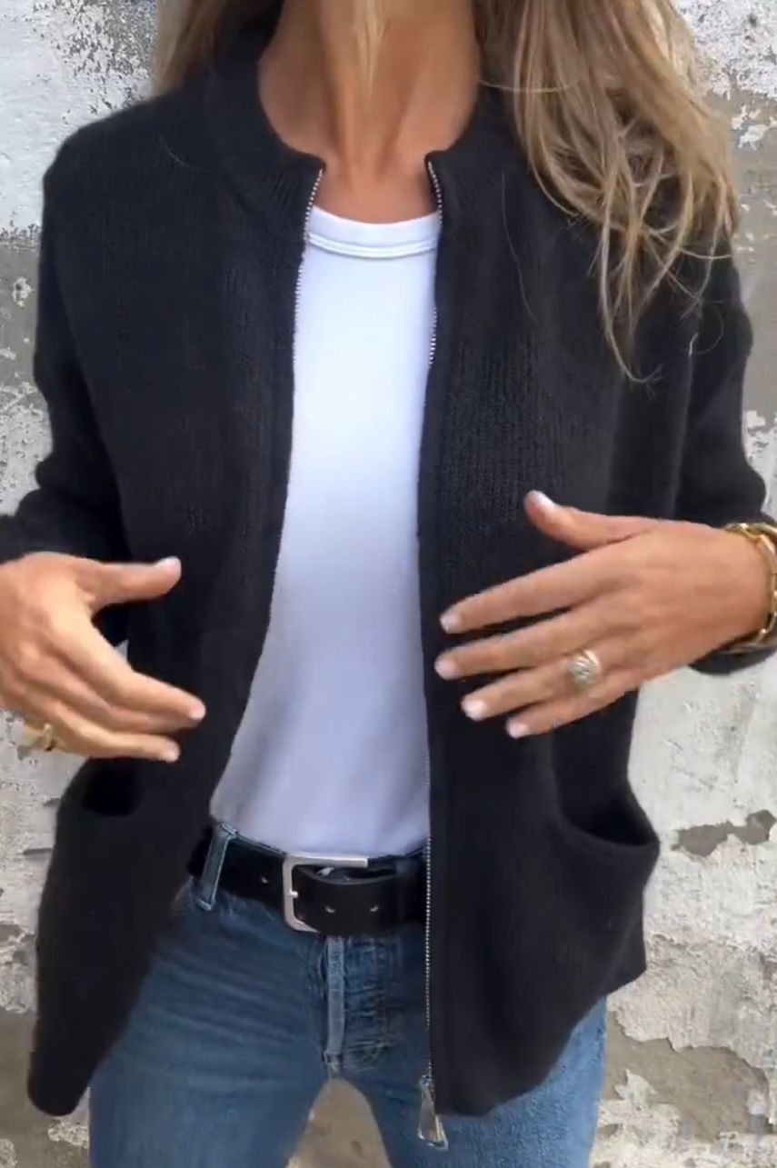 Black long zip sweater for women.