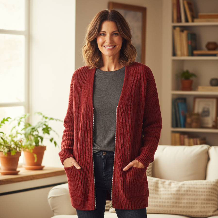 Brick Red long zip sweater for women.