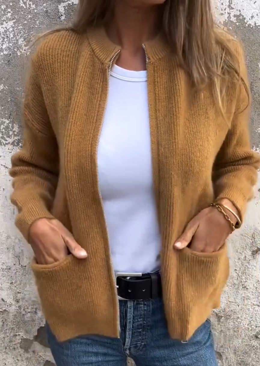 Camel long zip sweater for women.