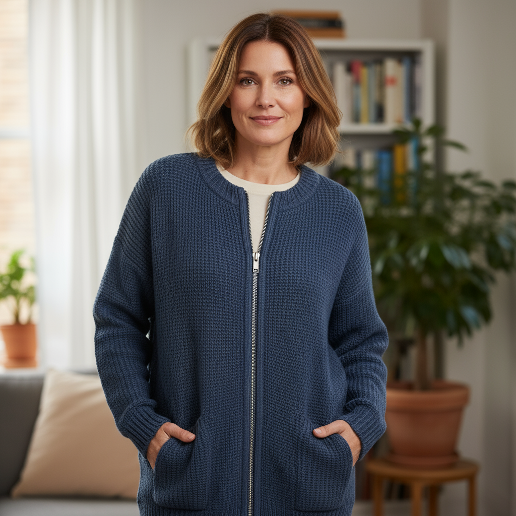 Denim Blue long zip sweater for women.