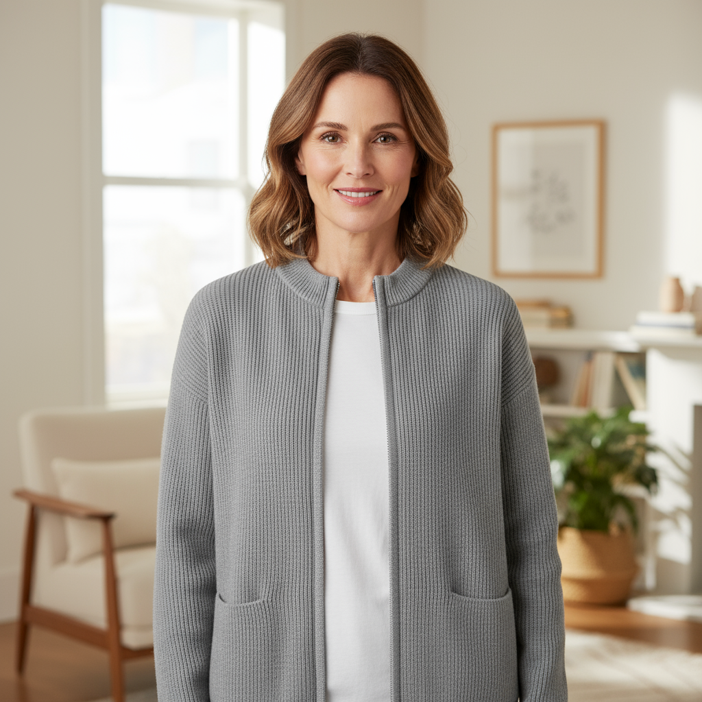 Gray long zip sweater for women.
