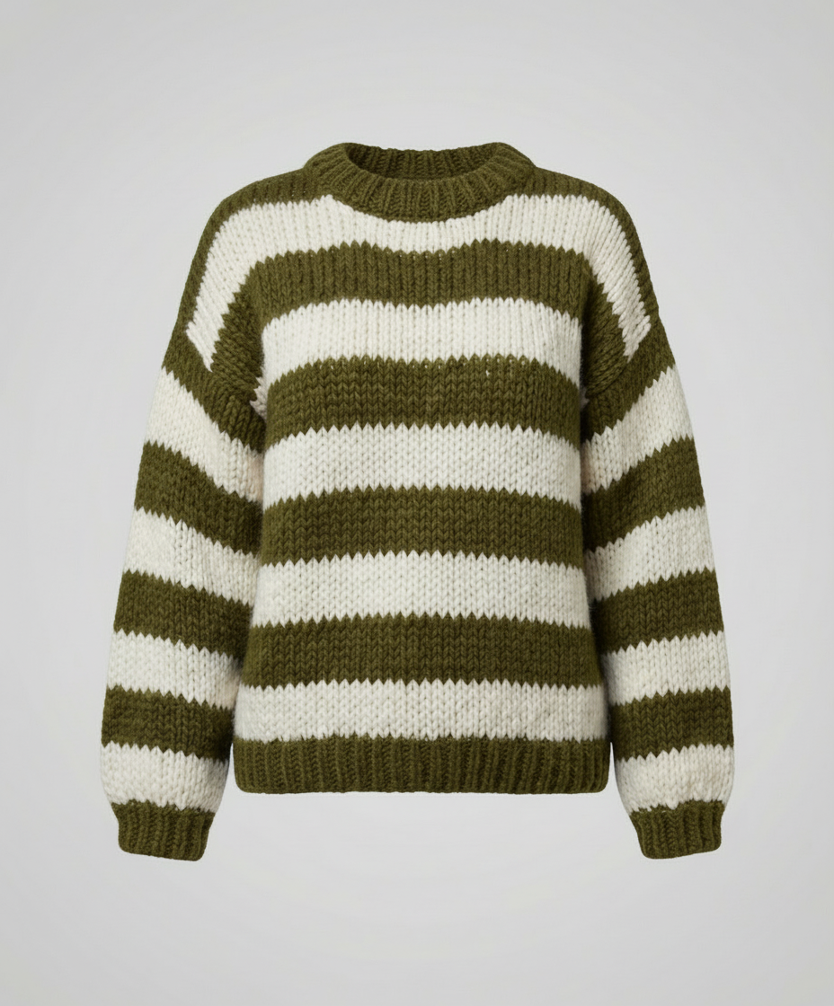Woman wearing a striped oversized knit sweater