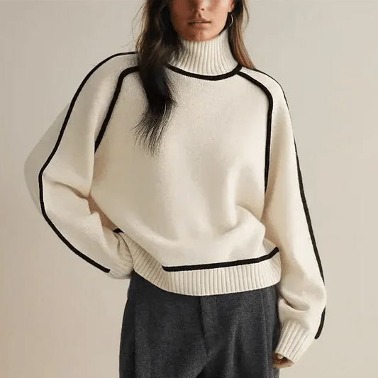 Woman wearing a contrast oversized turtleneck sweater
