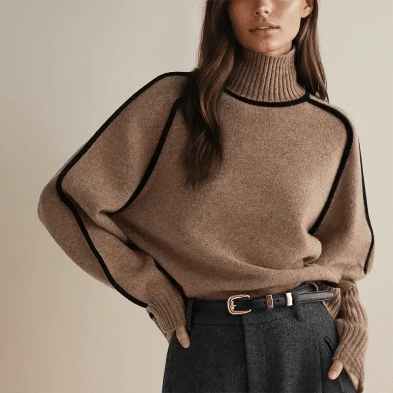 Woman wearing a contrast oversized turtleneck sweater