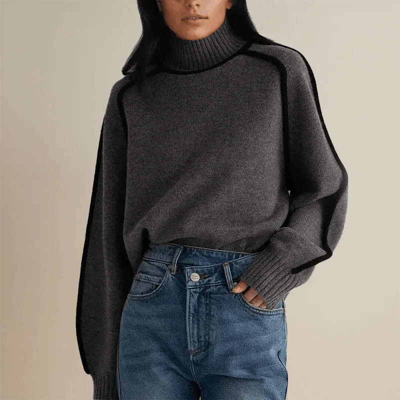 Woman wearing a contrast oversized turtleneck sweater