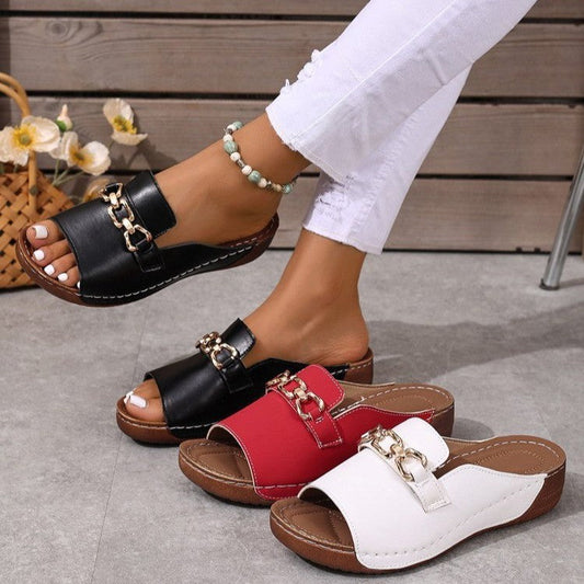 Women's square-toe faux leather chain slide sandals