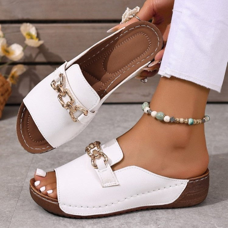 Women's square-toe faux leather chain slide sandals