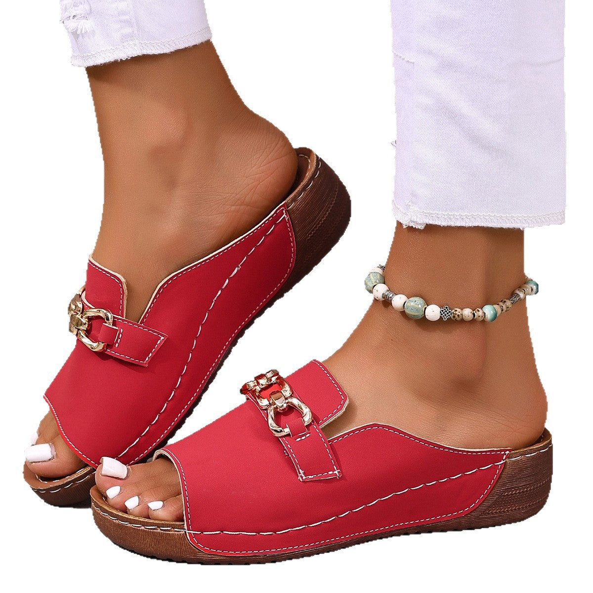 Women's square-toe faux leather chain slide sandals