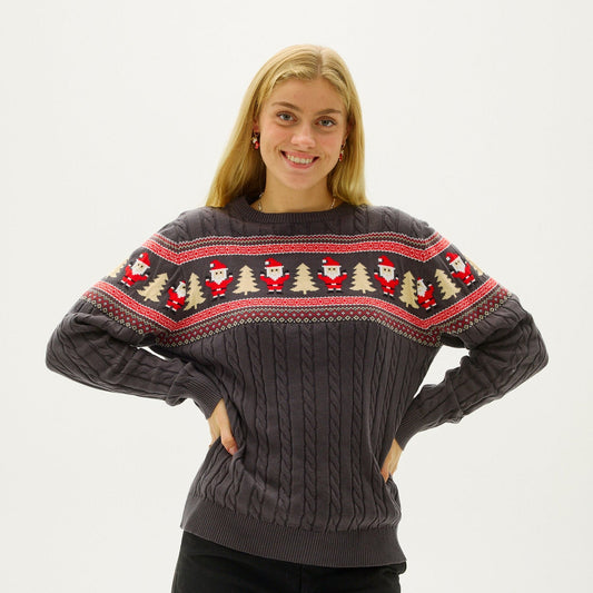 Woman wearing a cozy snowflake knit Christmas sweater