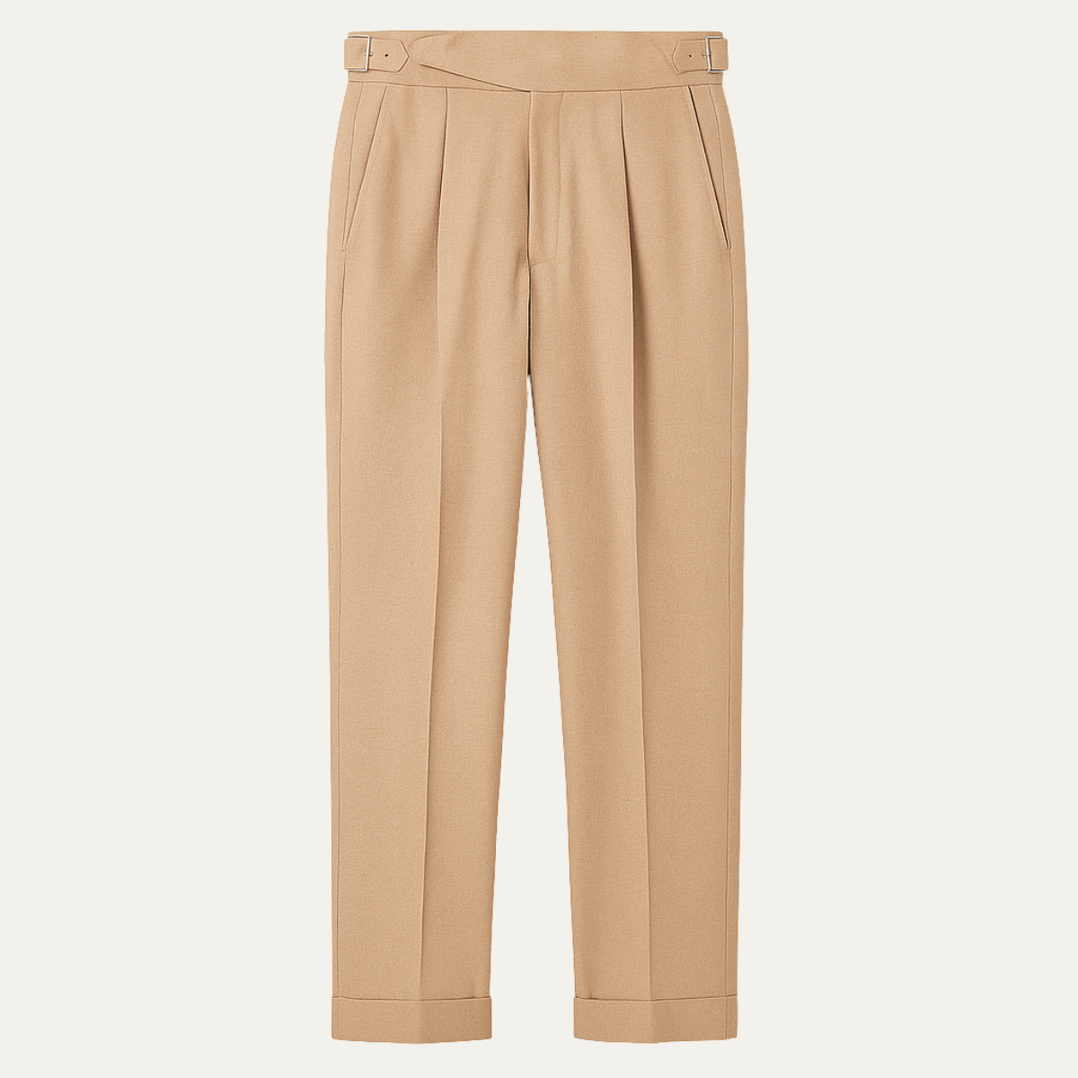 Man wearing tapered pleated dress pants