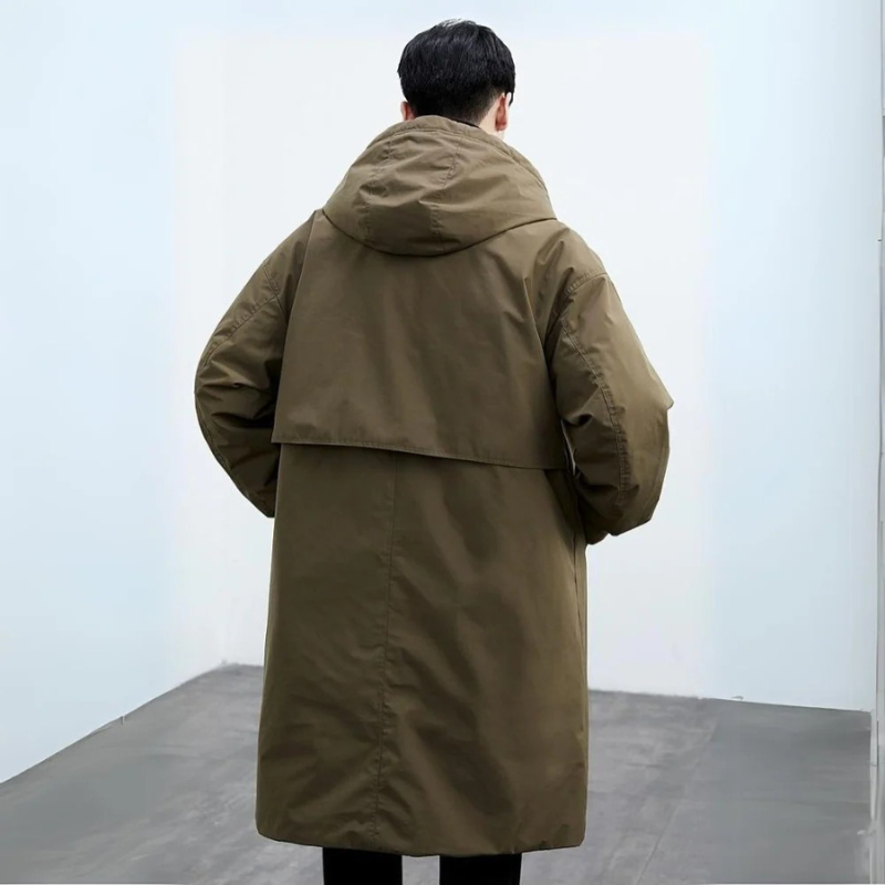 Hooded Puffer Trench Coat for men, detail view.