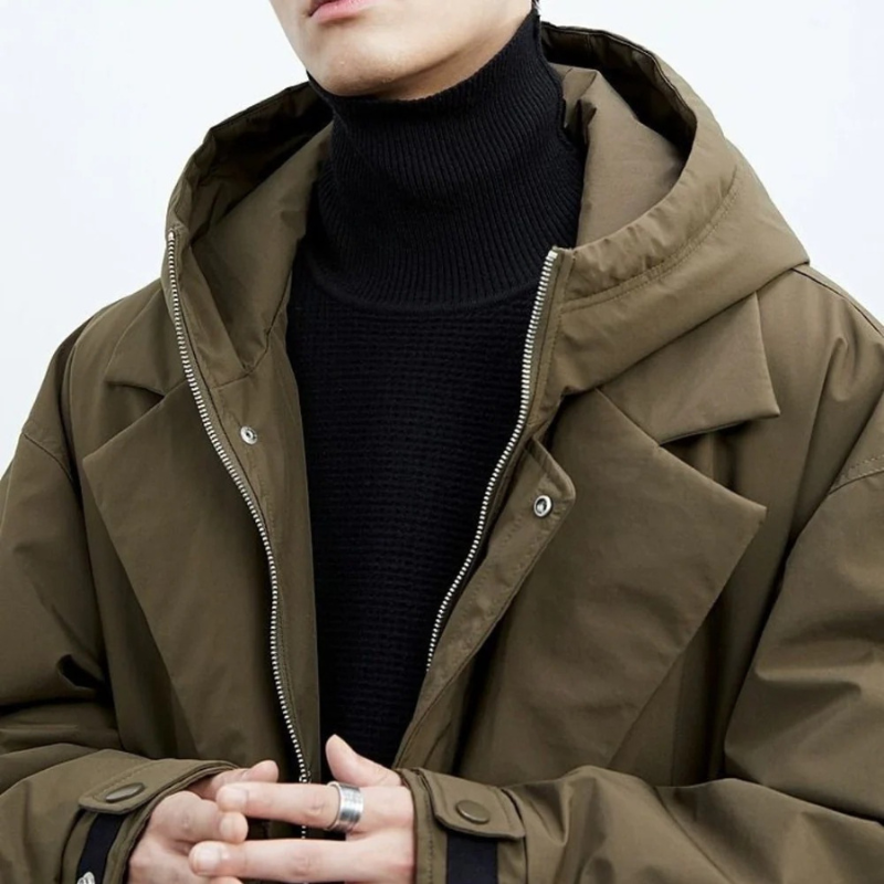 Hooded Puffer Trench Coat for men, detail view.