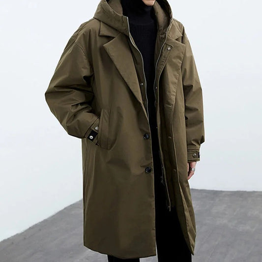 Olive Green hooded puffer trench coat for men.