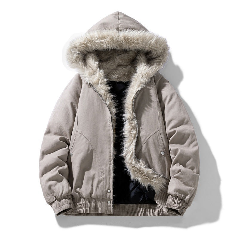 Unisex Faux Fur Hood Bomber Winter Jacket in Gray