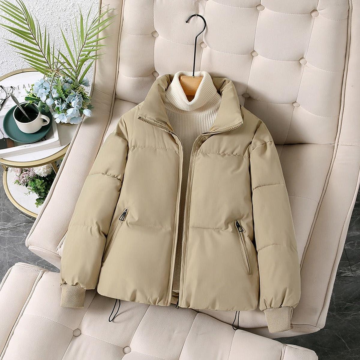 Woman wearing an oversized quilted puffer jacket