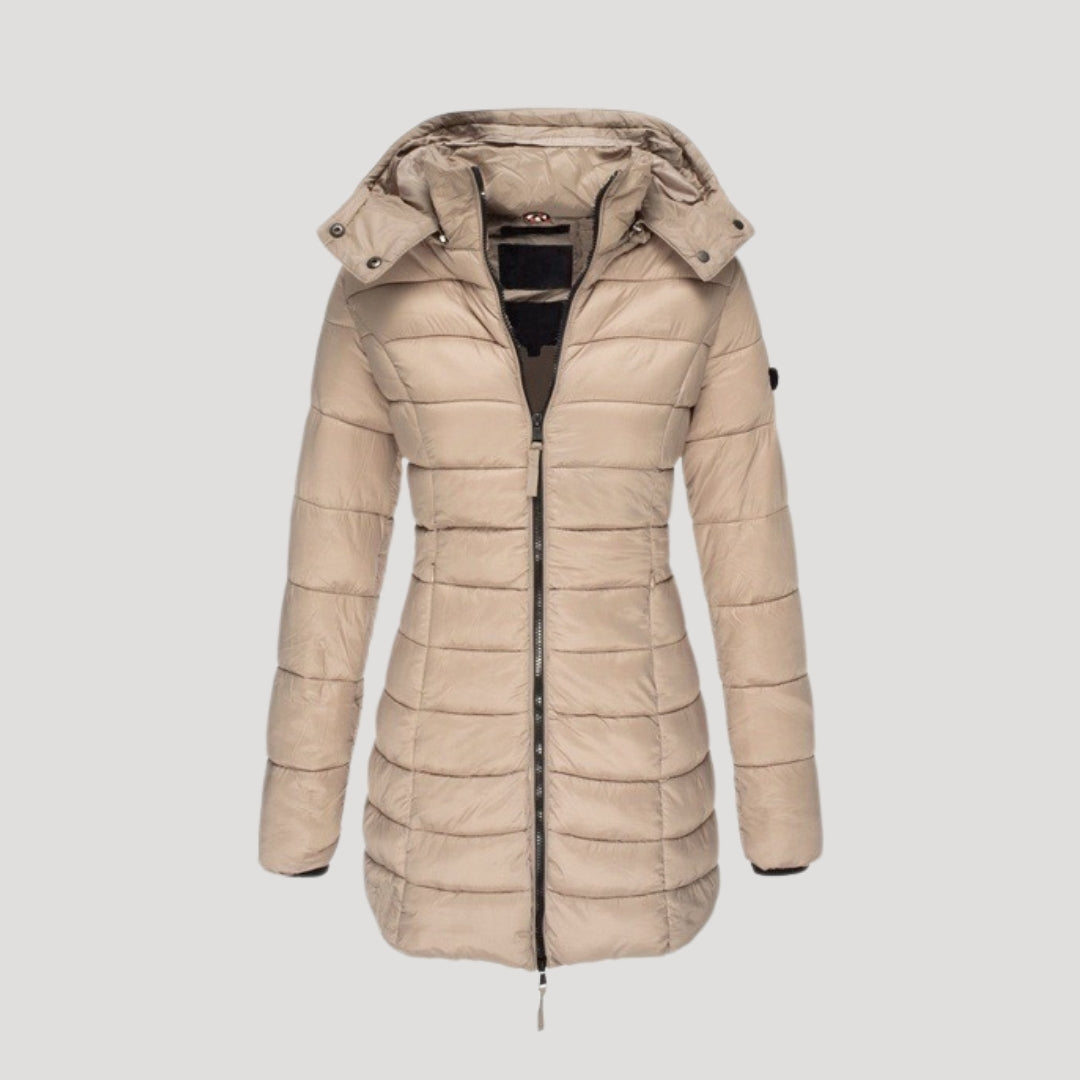 Woman wearing a long padded puffer jacket