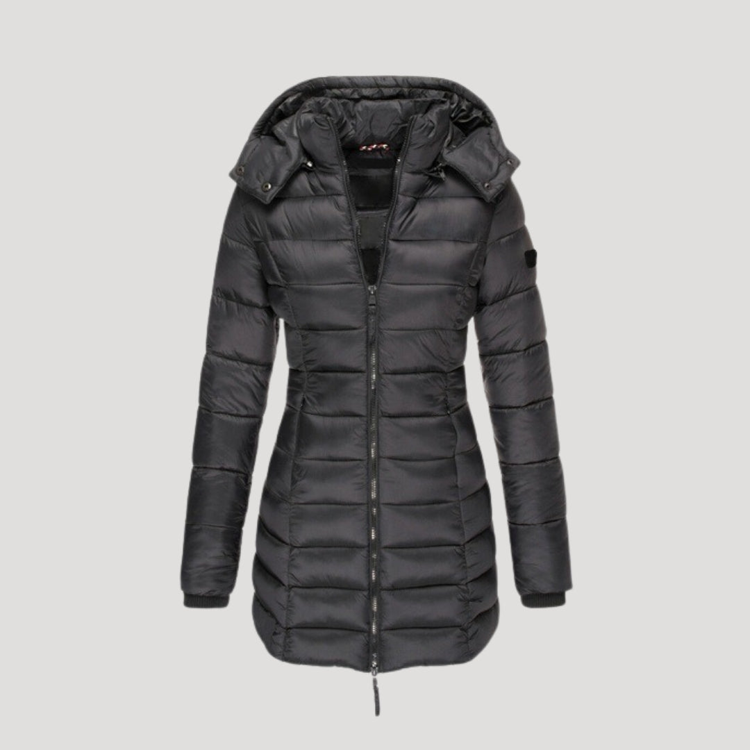 Woman wearing a long padded puffer jacket