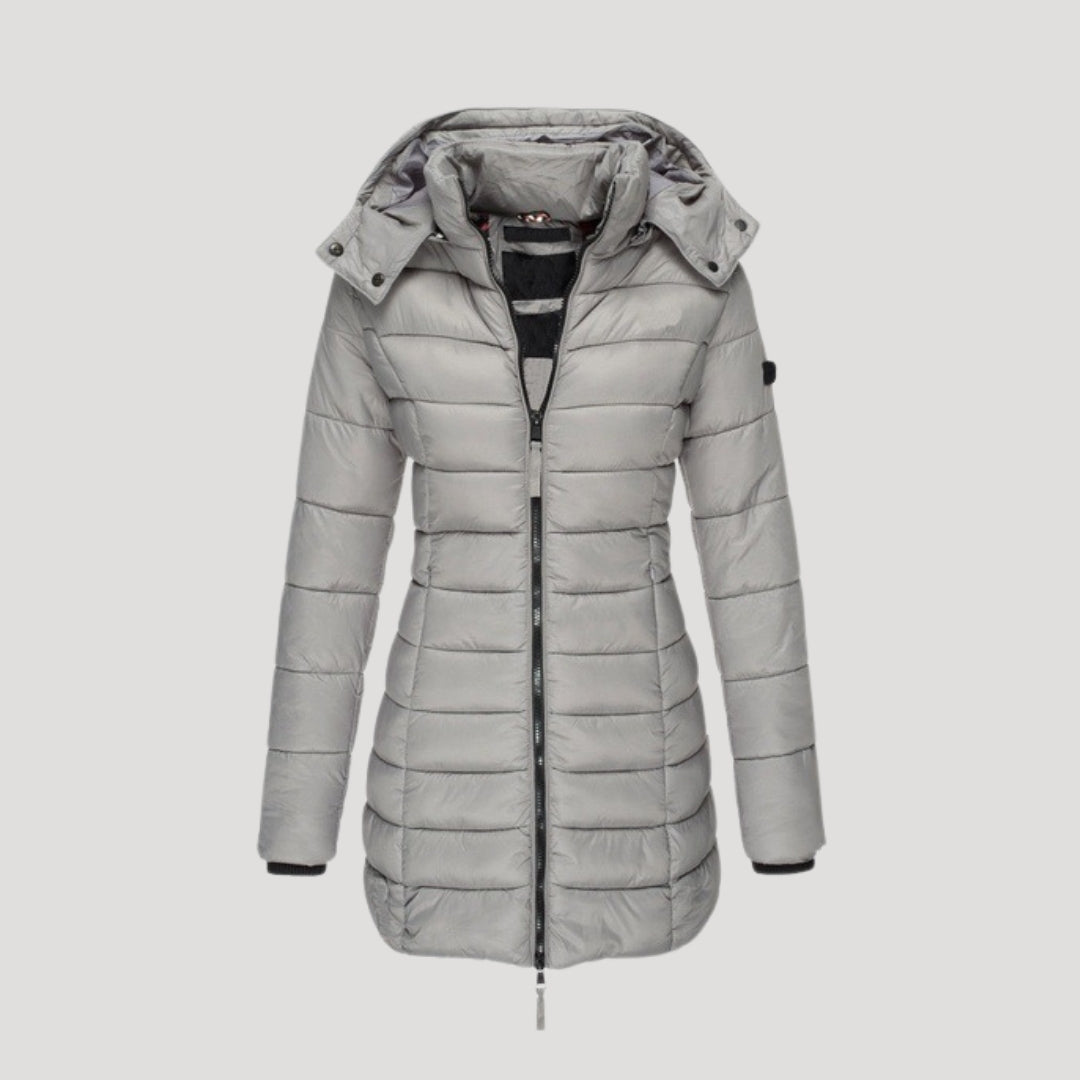 Woman wearing a long padded puffer jacket