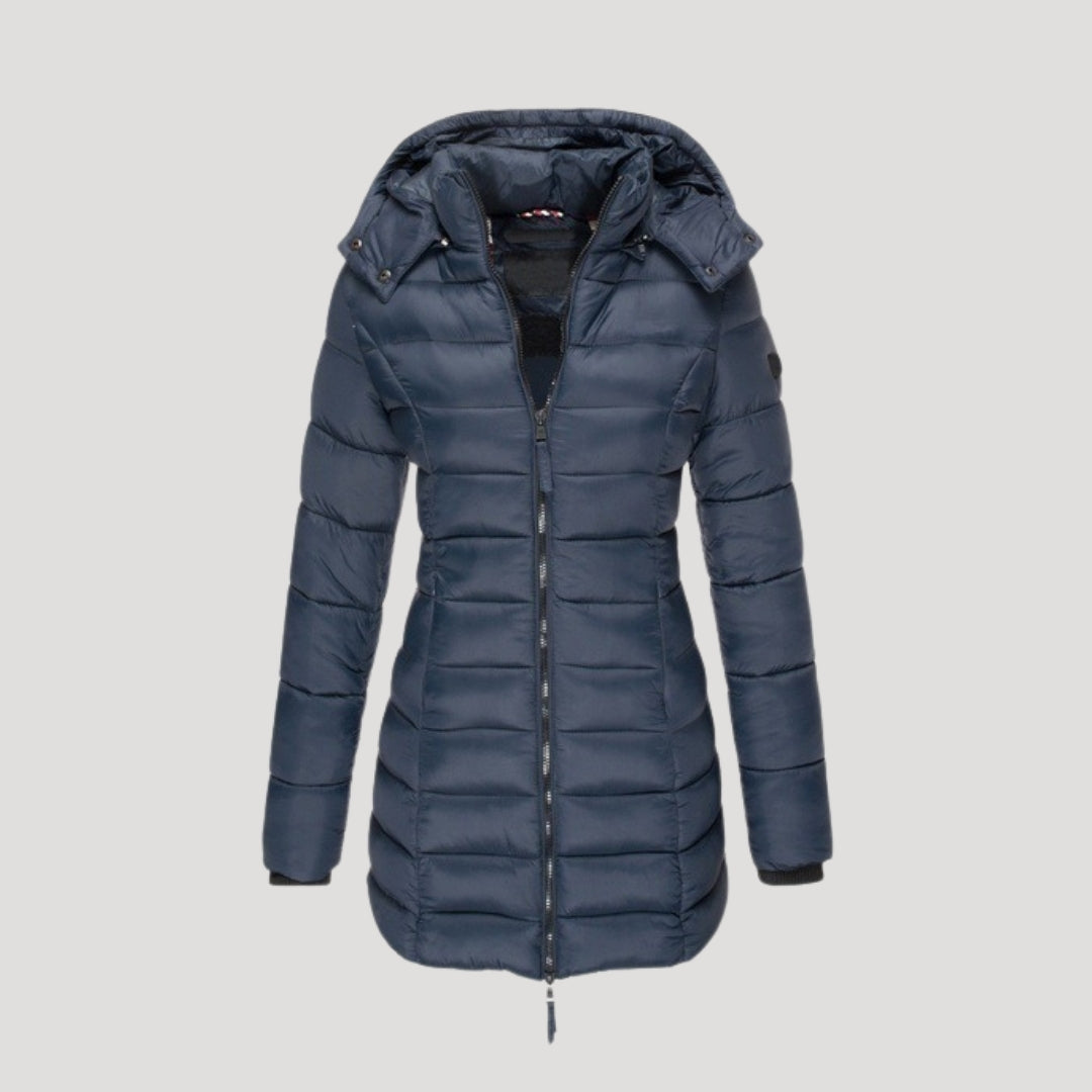 Woman wearing a long padded puffer jacket