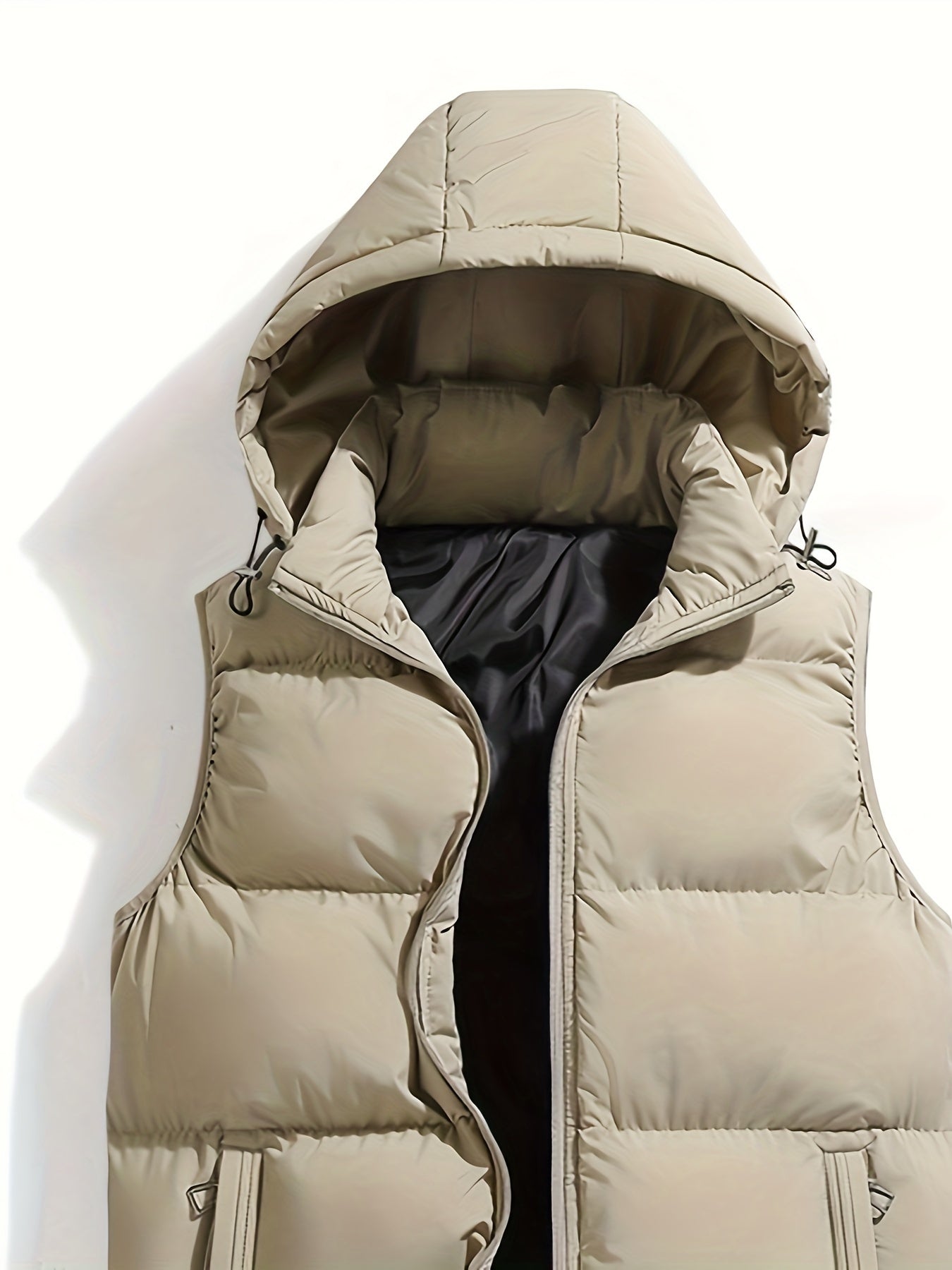 Men's hooded quilted puffer vest with stand collar and full zip