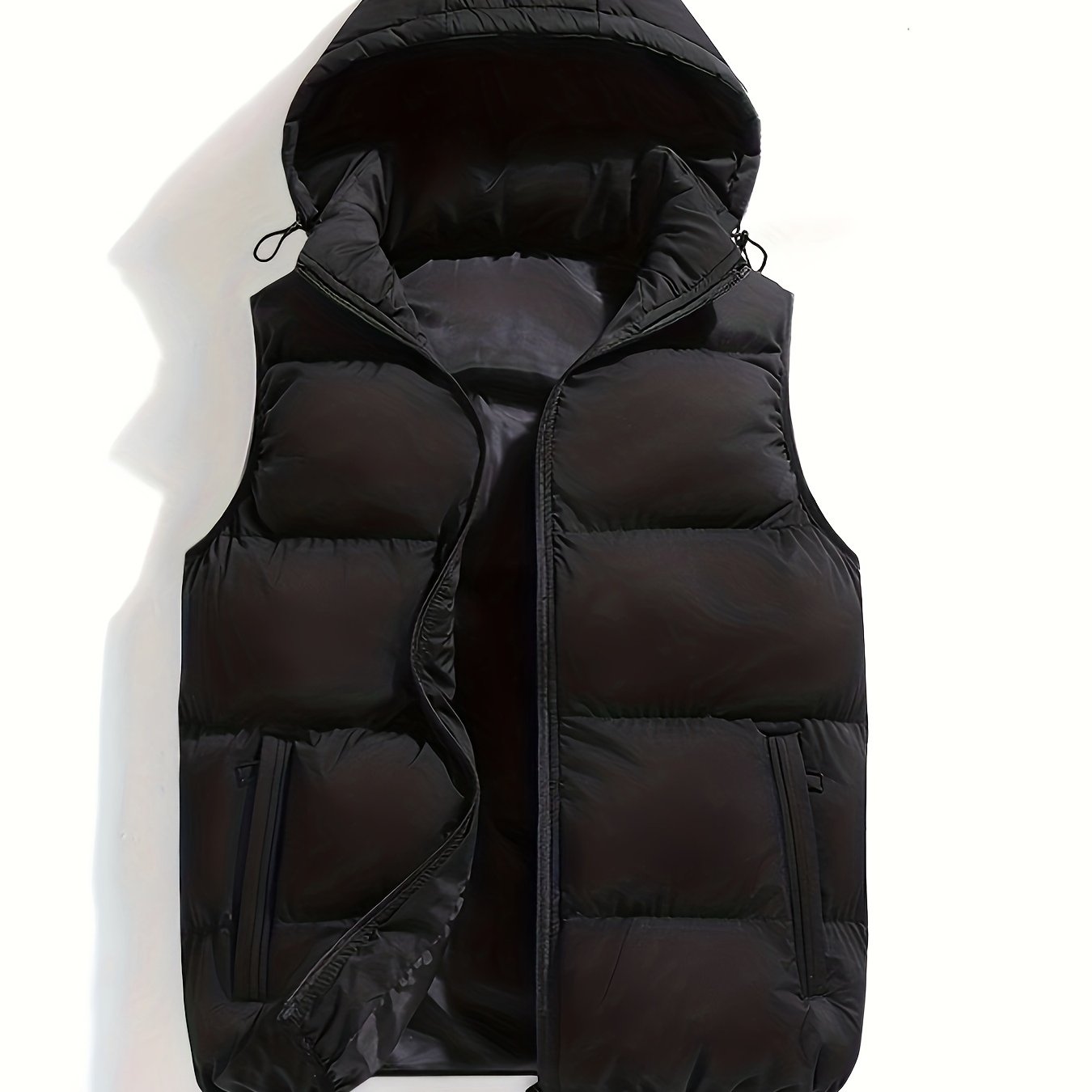 Men's hooded quilted puffer vest with stand collar and full zip