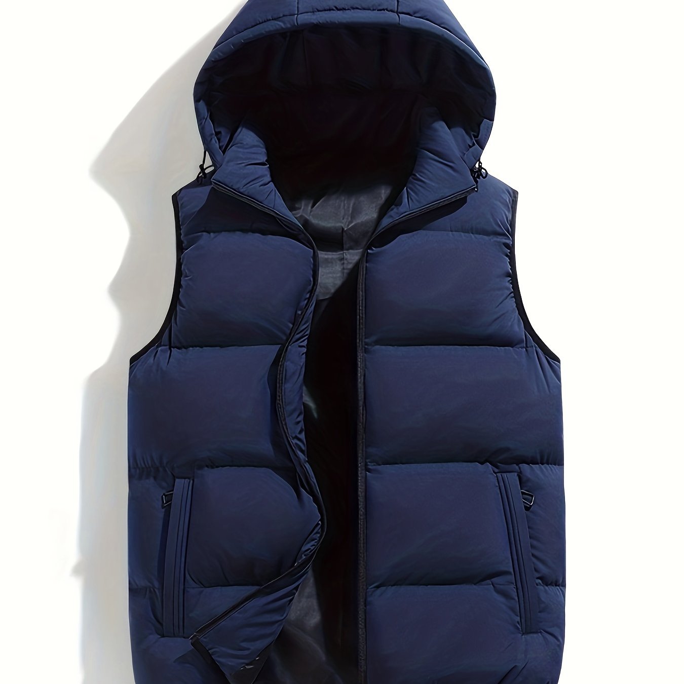Men's hooded quilted puffer vest with stand collar and full zip