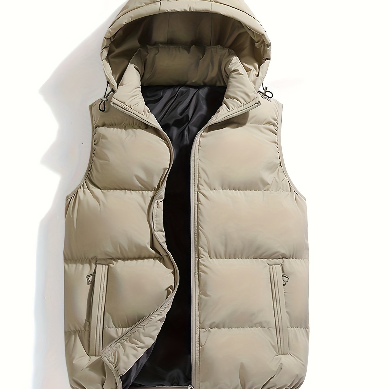 Men's hooded quilted puffer vest with stand collar and full zip