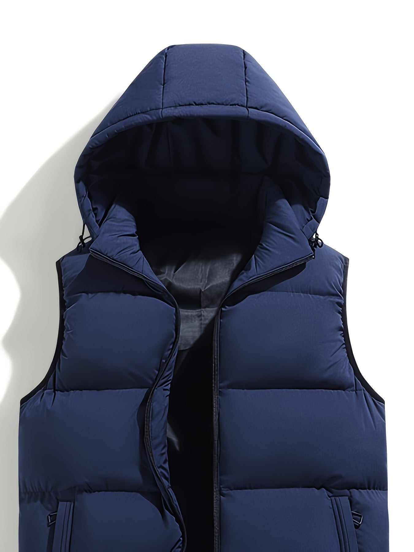 Men's hooded quilted puffer vest with stand collar and full zip