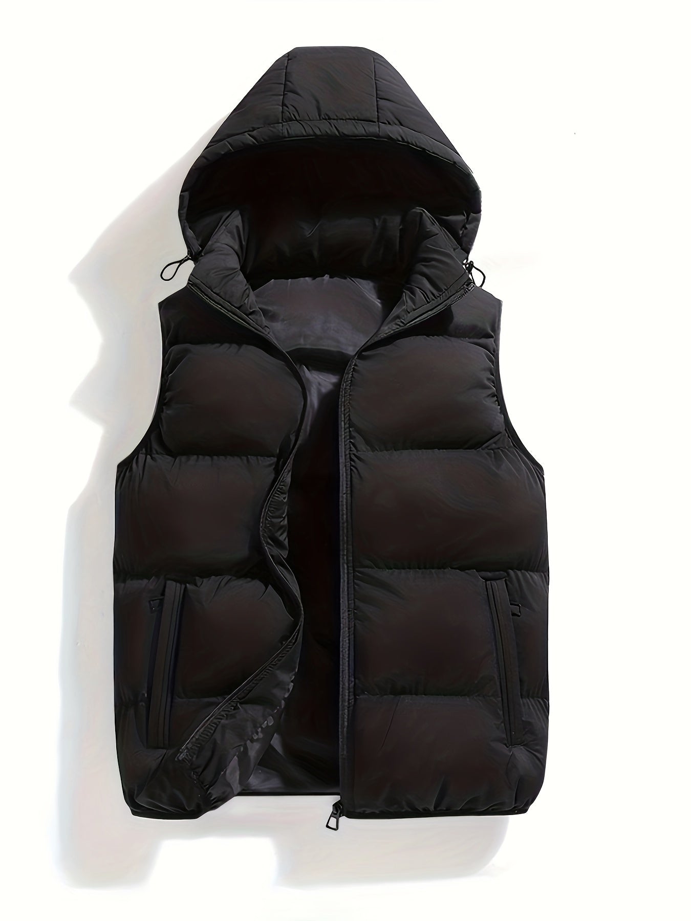 Men's hooded quilted puffer vest with stand collar and full zip