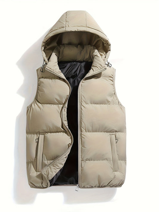 Men's hooded quilted puffer vest with stand collar and full zip