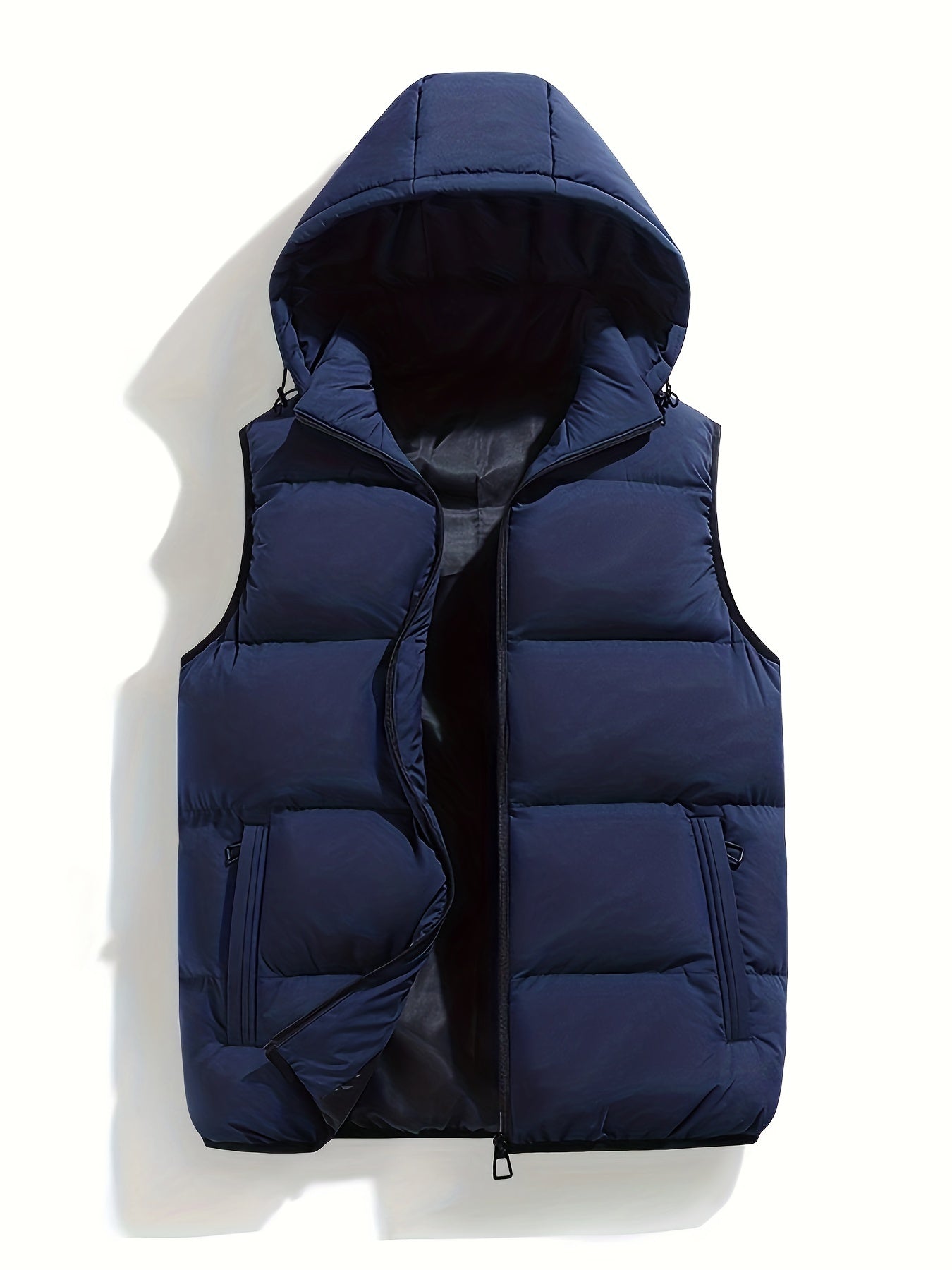 Men's hooded quilted puffer vest with stand collar and full zip