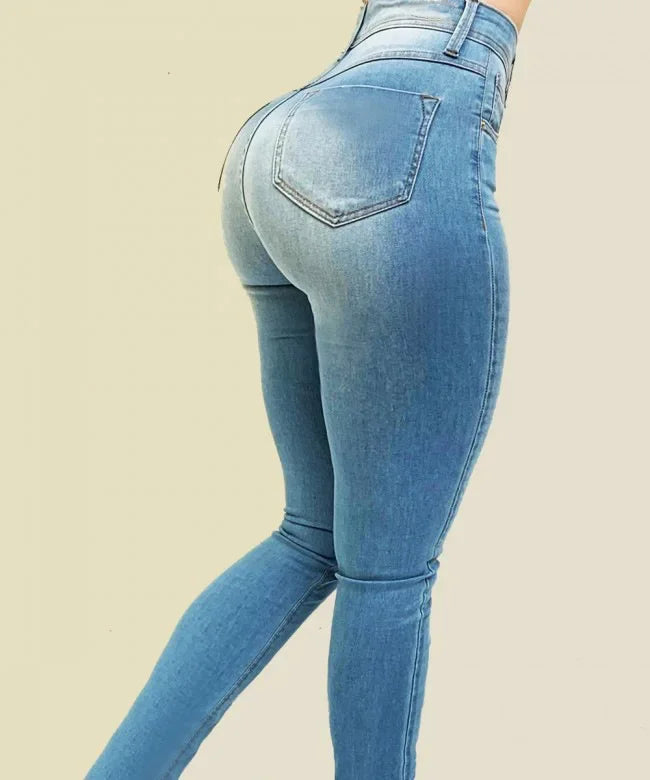 Woman wearing high rise stretch skinny jeans
