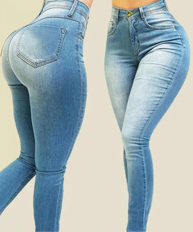 Woman wearing high rise stretch skinny jeans