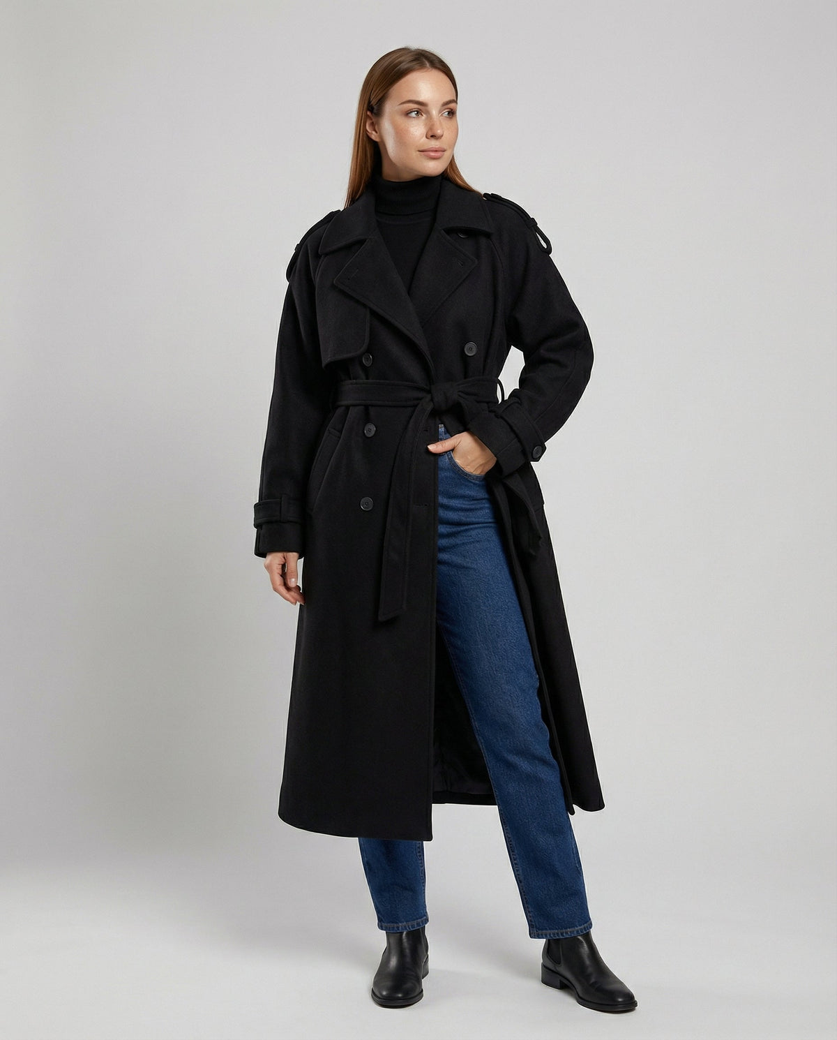 Women's Belted Double Breasted Winter Jacket in Black