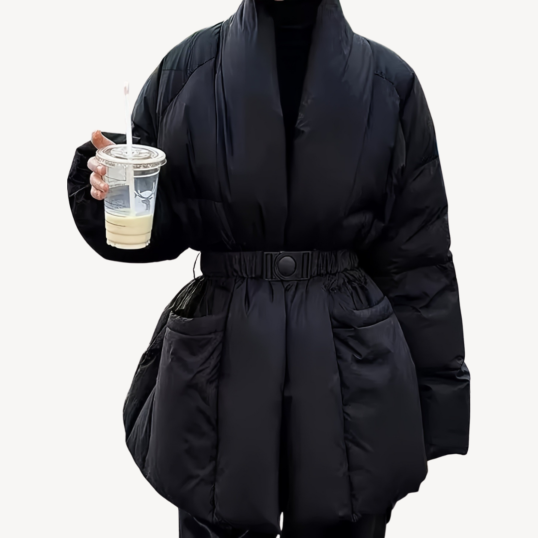 Women's Belted Quilted Puffer Jacket in Black