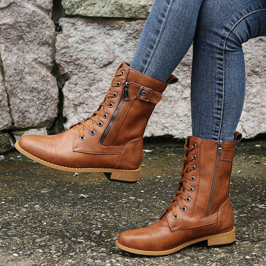 Women's Buckle Lace Up Mid Calf Boots