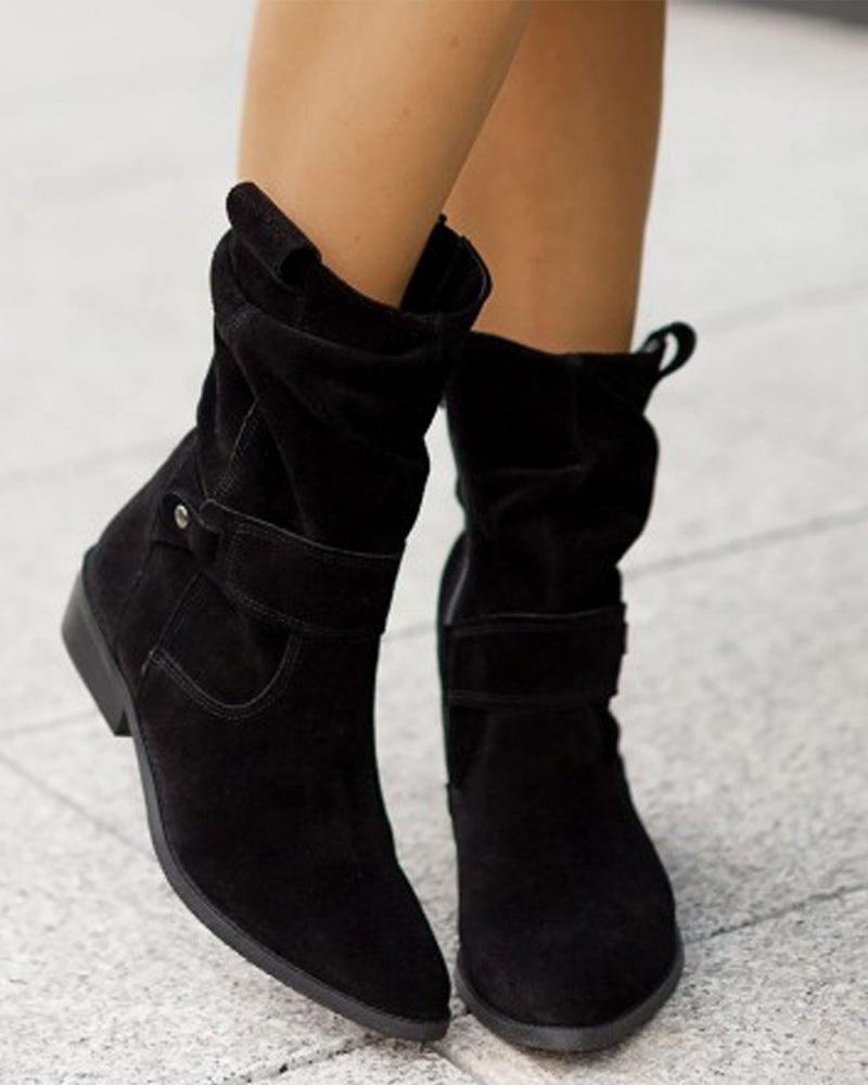 Women's Buckle Slouch Mid Calf Boots in Black