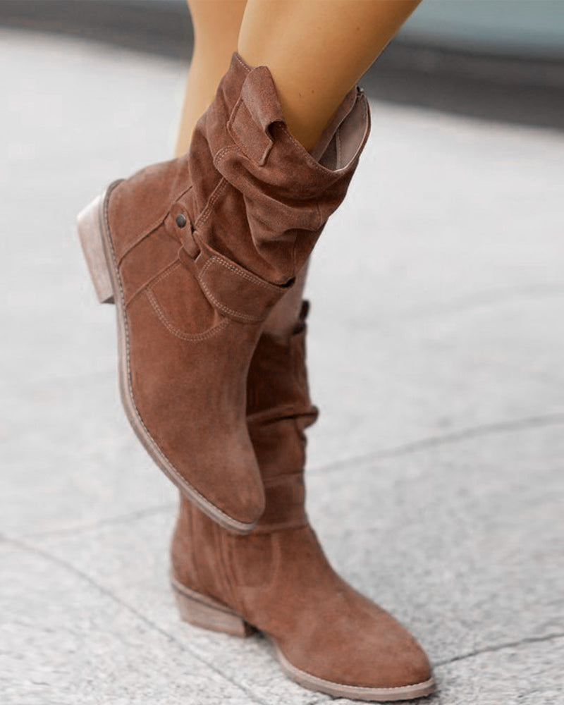 Women's Buckle Slouch Mid Calf Boots in Brown
