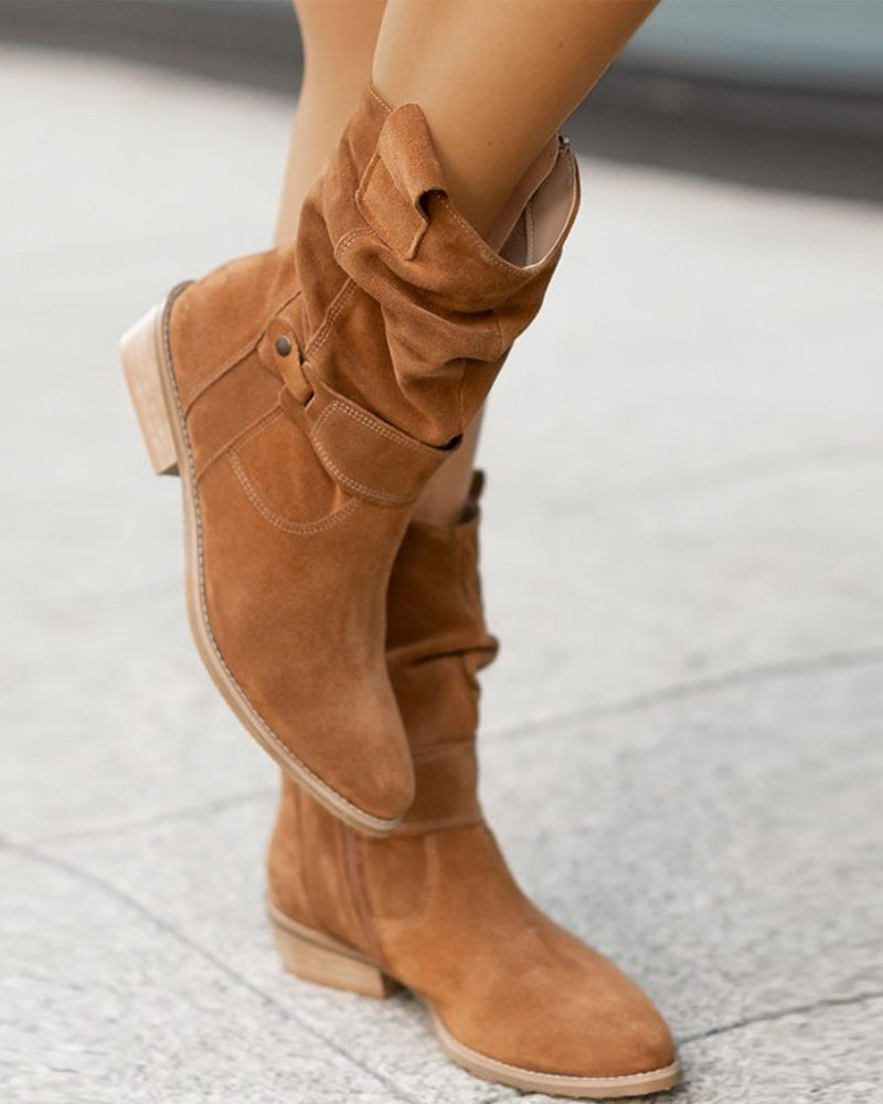 Women's Buckle Slouch Mid Calf Boots in Tan