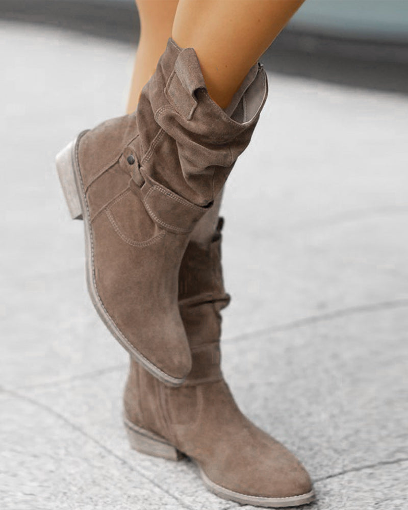 Women's Buckle Slouch Mid Calf Boots in Taupe
