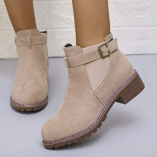 Women's Buckle Strap Chelsea Boots in Beige
