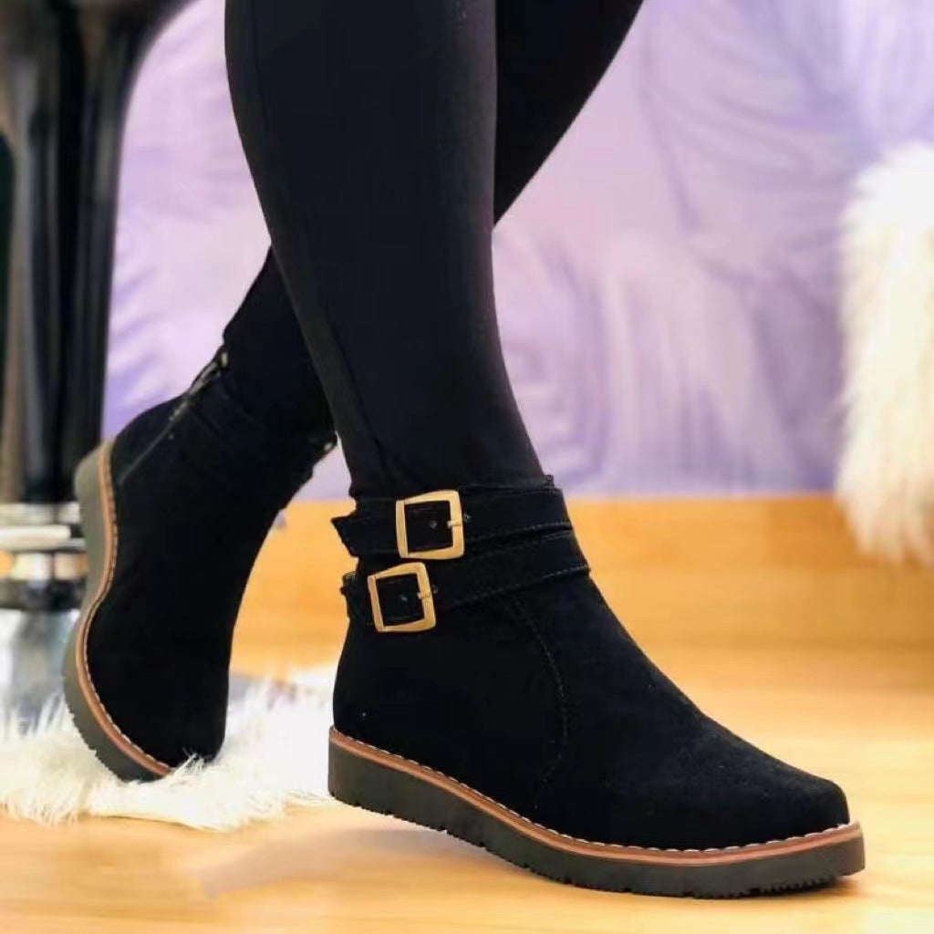 Women's Buckle Strap Wedge Ankle Boots in Black
