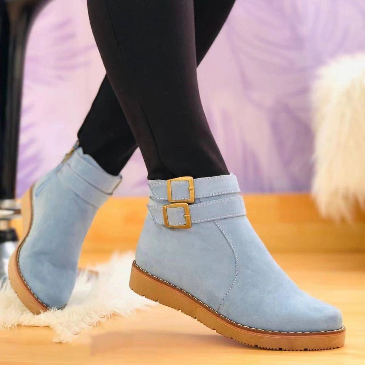 Women's Buckle Strap Wedge Ankle Boots in Sky Blue