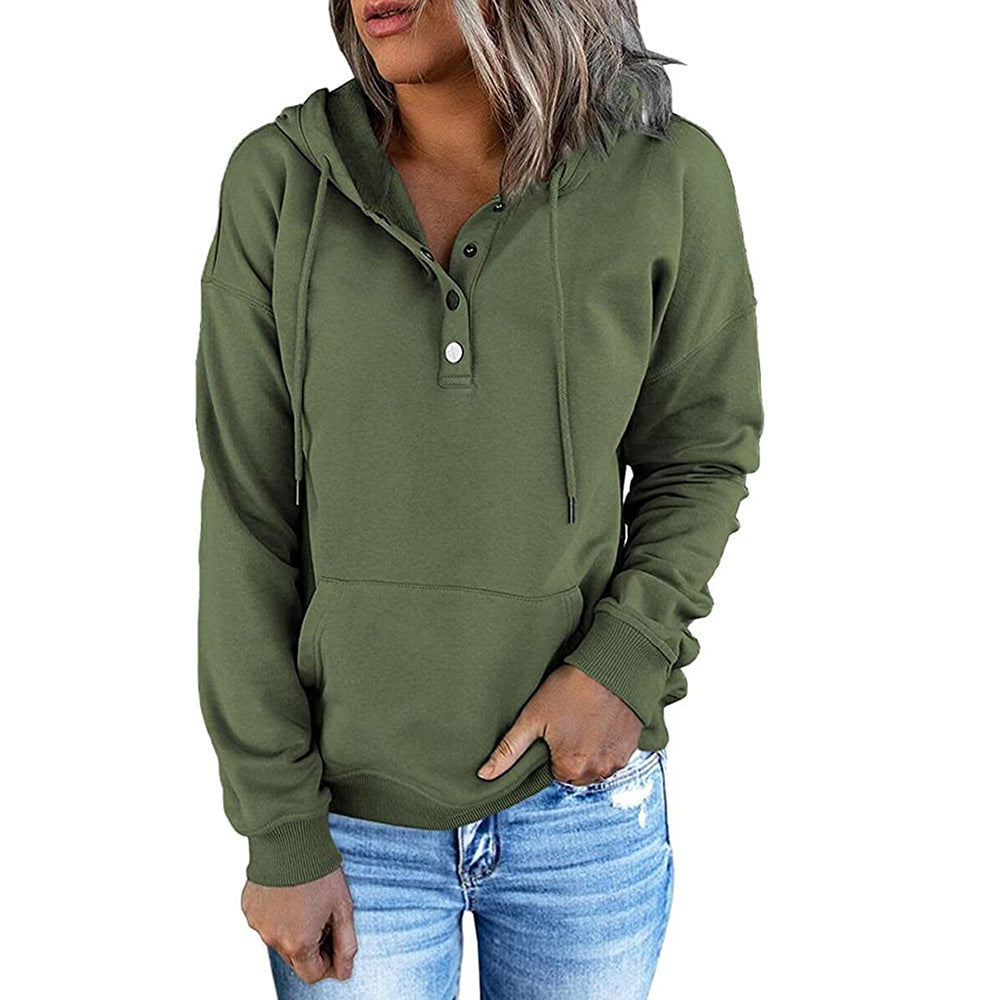 Women's Button Neck Hoodie in Olive Green