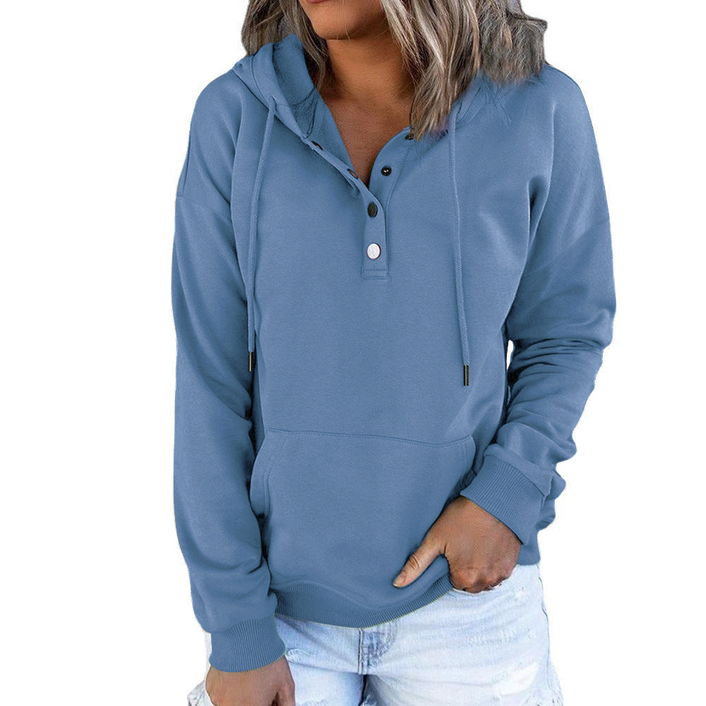Women's Button Neck Hoodie in Steel Blue