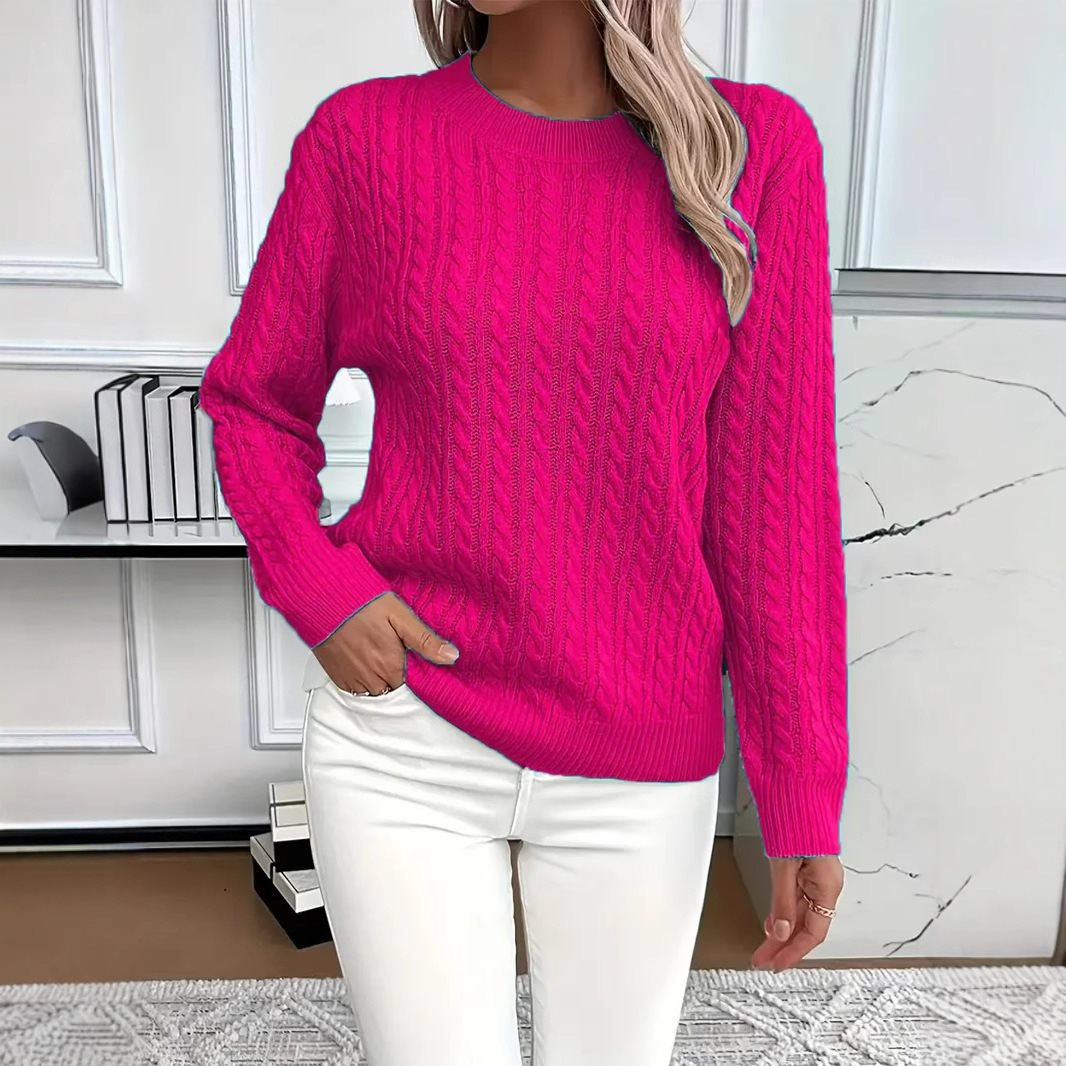 Women's Cable Knit Crew Neck Sweater in Hot Pink