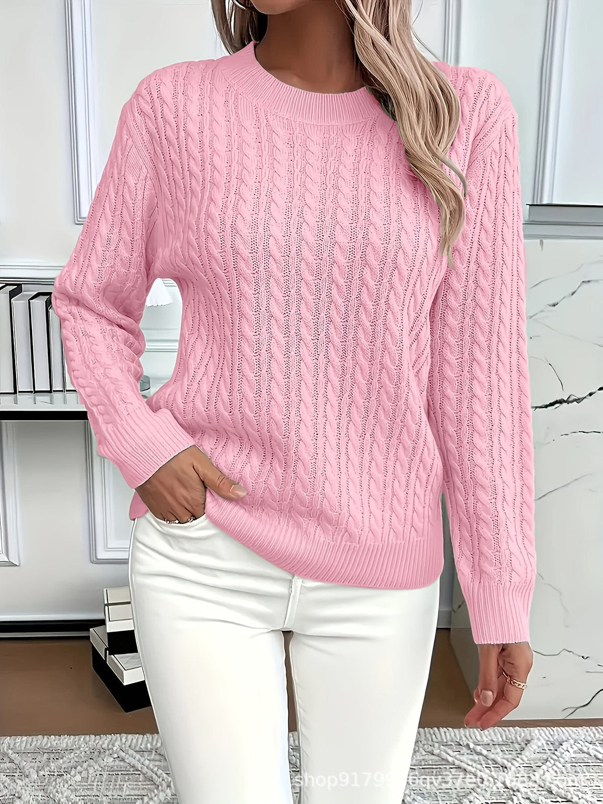 Women's Cable Knit Crew Neck Sweater in Light Pink