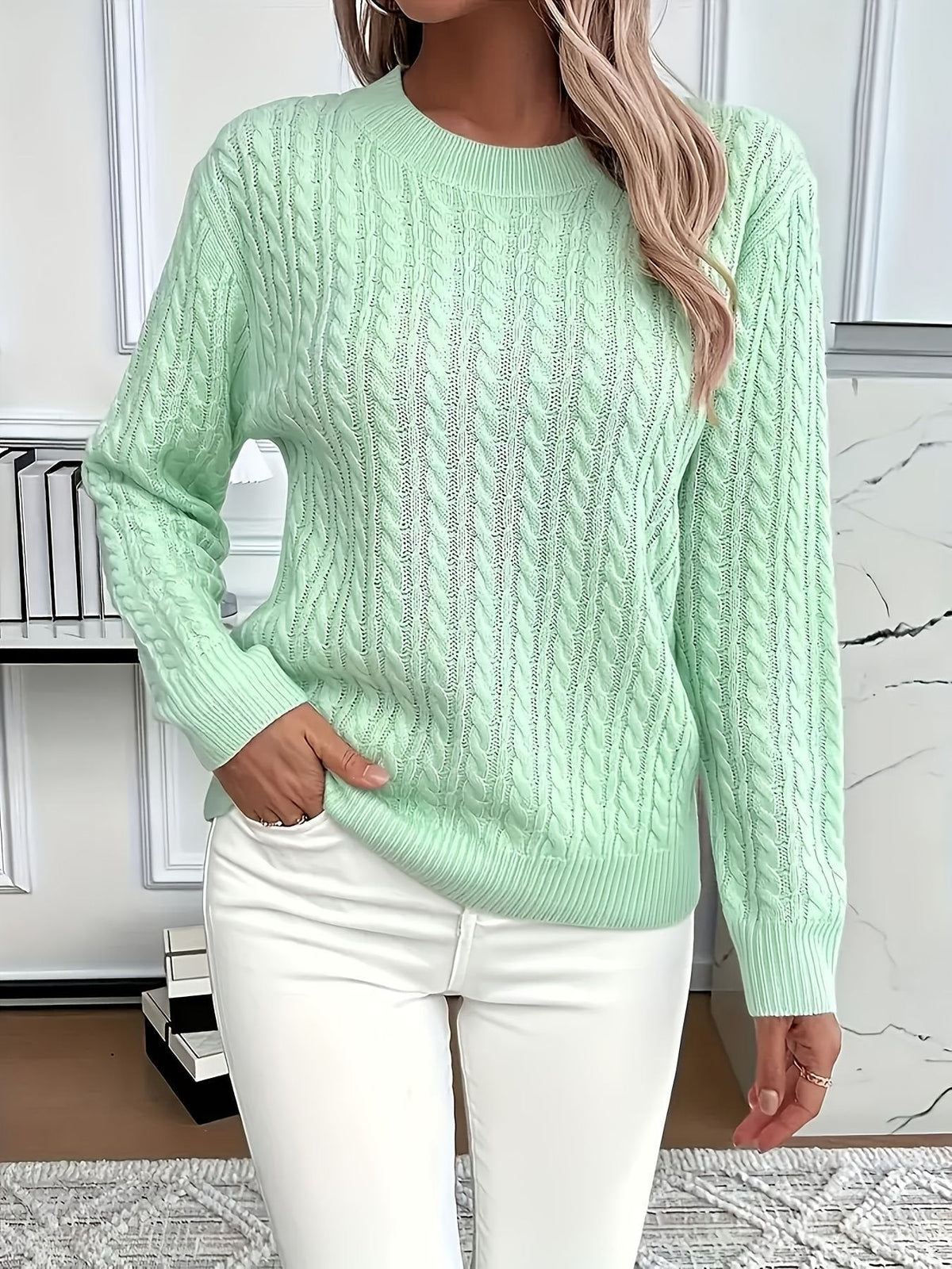 Women's Cable Knit Crew Neck Sweater in Mint Green